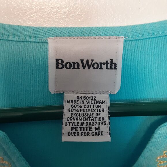 Bon Worth Shirts Womens M Petite Blue V Neck Short Sleeve Floral Embroidered Tee - Picture 3 of 7